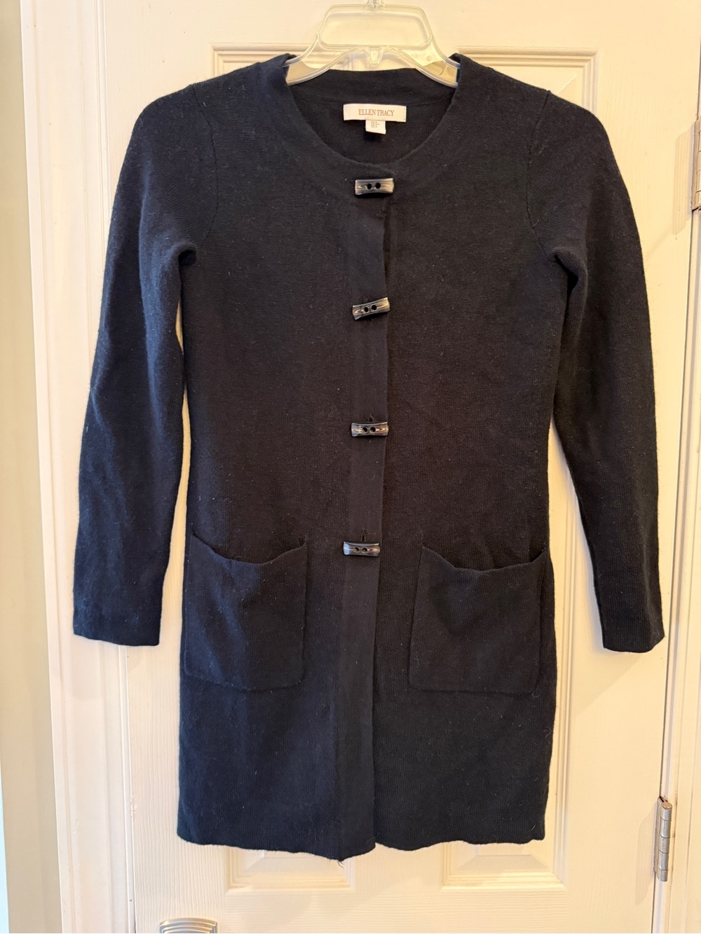 Ellen Tracy Navy Long Knit Toggle Coat